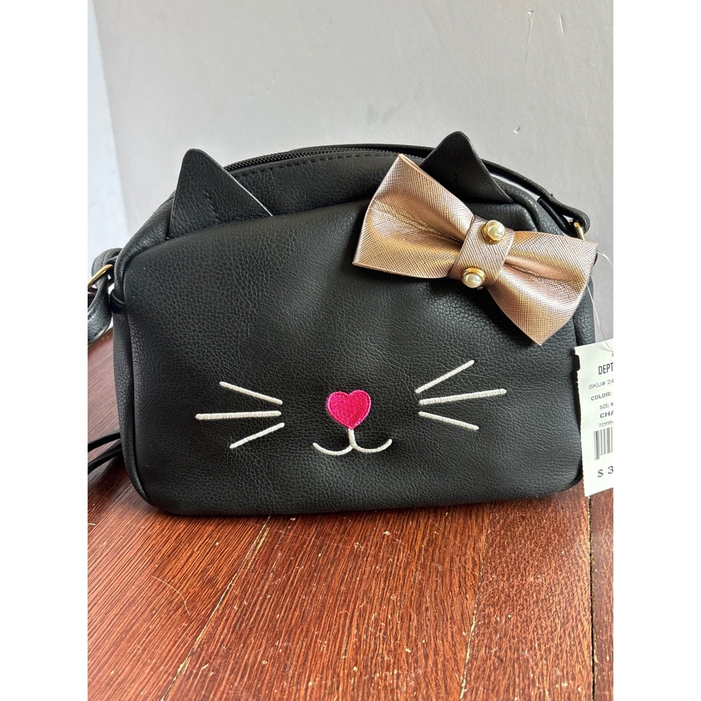 Chateau Black Cat Face Crossbody Bag Rose Gold Bow Pearl Novelty Purse NWT - Picture 2 of 7